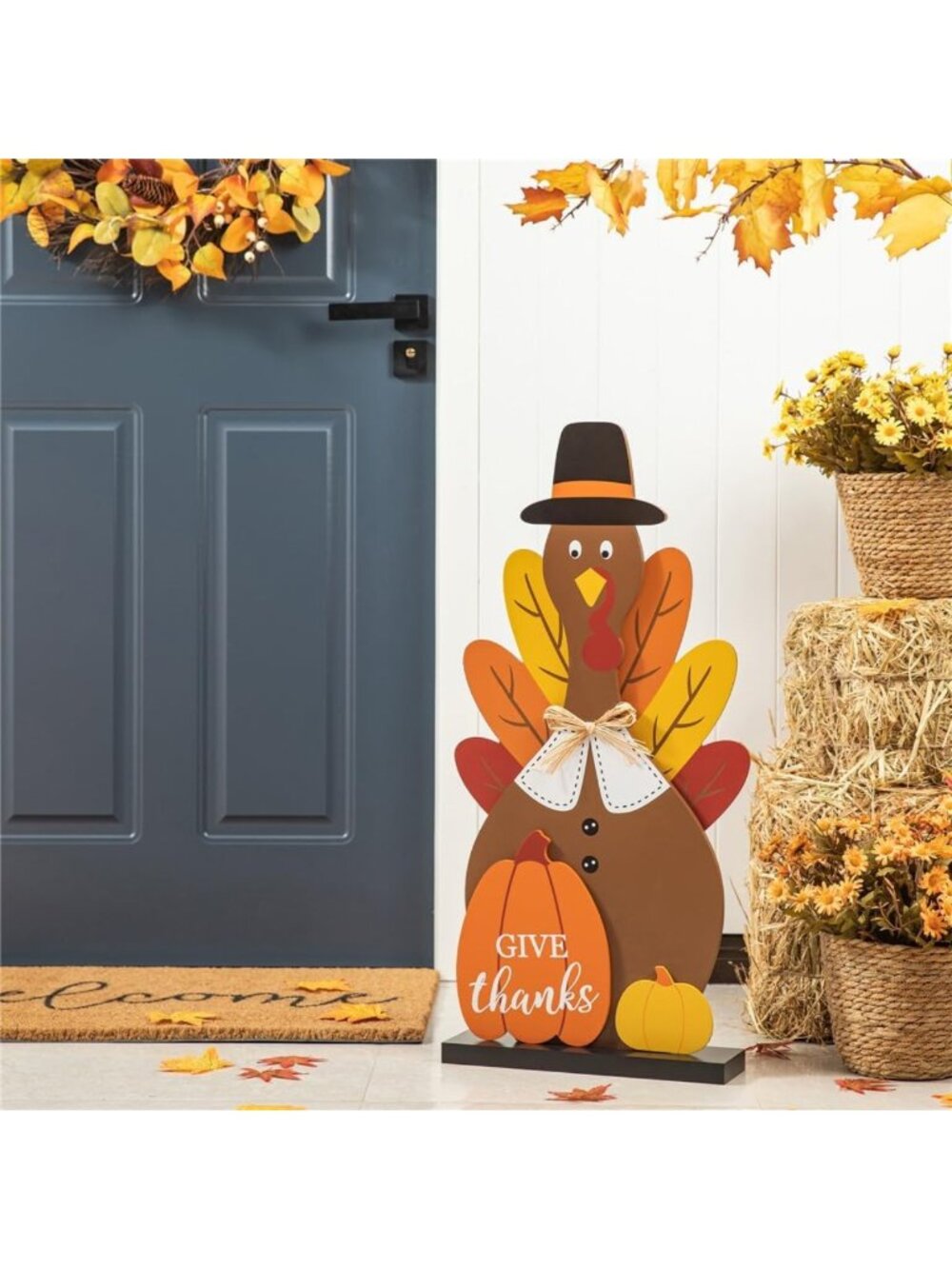 Thanksgiving Wooden Turkey Porch Sign - 31” Rustic Fall Decor for Autumn Yard